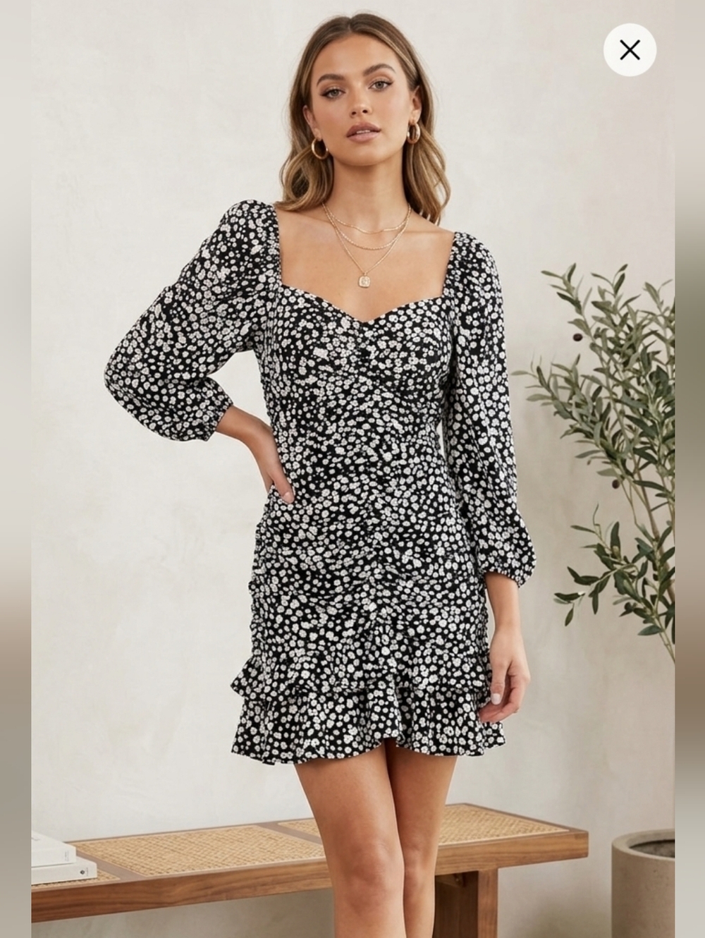 Zara NWT Black and White Floral Puff Sleeve Ruched Mini Dress